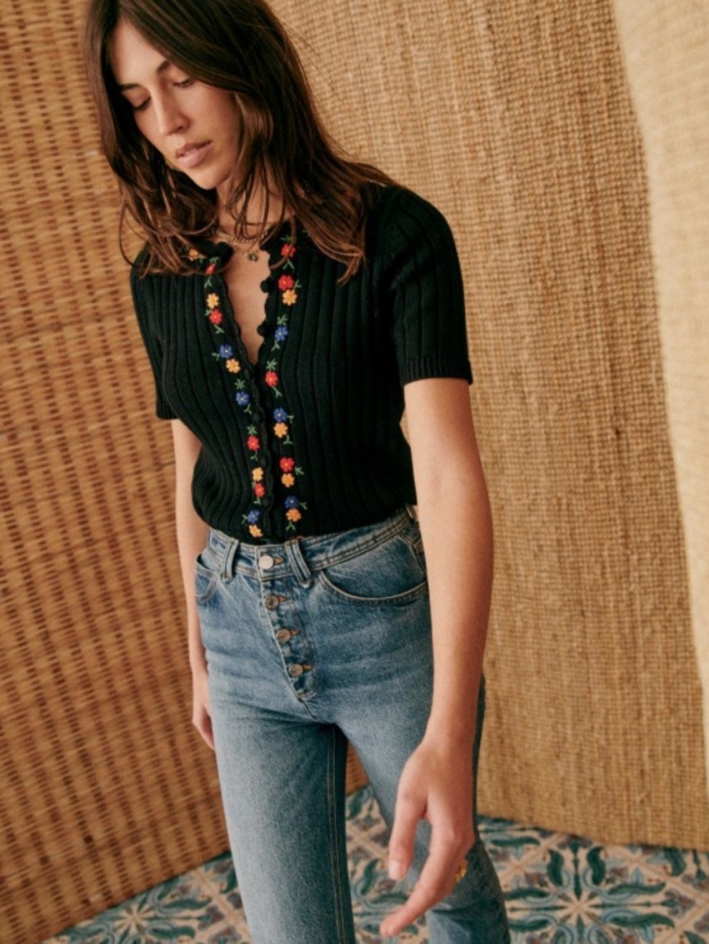 Sezane Ilena Black Short Sleeve Cardigan with Floral Embroidery 027500